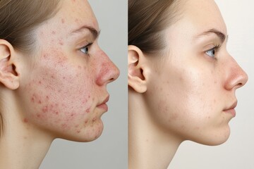 Obraz premium Before and After Comparison of Acne Treatment Results. The left side displays visible acne, while the right side shows clearer skin, highlighting the effectiveness of consistent skincare treatments