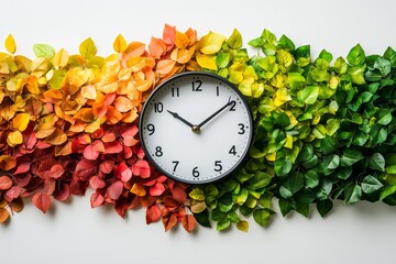 Clock with the hands at 10:10 The clock is surrounded by leaves. Banner, clock on a white background, where instead of numbers there are green, yellow, red, crimson leave
