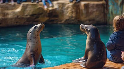 Fototapeta premium Two Sea Lions Interacting in a Pool with a Spectator in the Background