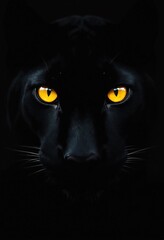 Black panther eyes background, wild cat animal face in night, yellow eyeballs in dark. Black panther eyes glow look in macro closeup, wildlife cheetah, puma or cheetah yellow evil eye