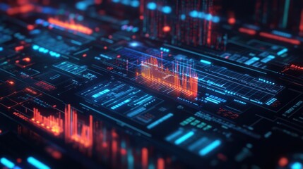 vibrant display of financial data analytics, with various types of graphs and numerical data overlaid on a digital interface or motherboard