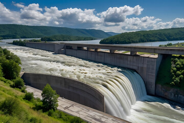 Majestic Hydroelectric Dam Powering Renewable Energy in Lush Mountain Landscape. Engineering, Technology.