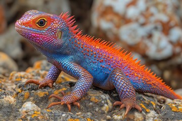 Obraz premium Colorful lizard with red and blue spots on its back. It is standing on a rock. The lizard has a long tail. Beautiful bright lizard, bright colors, long tail, bright shining eyes