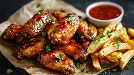 Deliciously crispy chicken wing platter with golden fries and tangy sauce, garnished with fresh herbs, perfect for any meal.