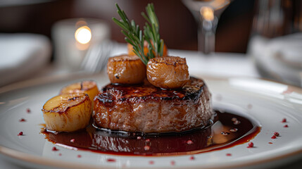 In an upscale restaurant setting, foie gras with white beans and potato chips is presented on a fine porcelain plate