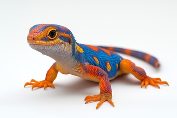 Obraz premium Colorful lizard with red and blue spots on its back. It is standing on a rock. The lizard has a long tail. Beautiful bright lizard, bright colors, long tail, bright shining eyes