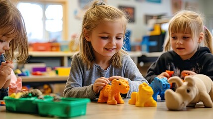 Fototapeta premium Three Young Girls Playing with Plastic Animal Toys in a Classroom