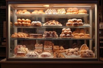 Various cakes and pastries displayed in glass case. Perfect for bakery websites, dessert menus, cafe promotions, and food related designs. Generative AI