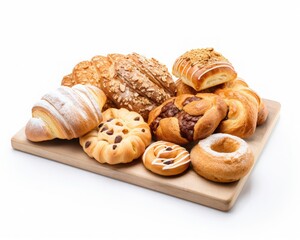 Variety of pastries, croissants, and bread on wooden board ideal for bakery, café, food blog, menu design, or culinary projects. Generative AI