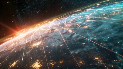 Quantum Internet Cables Visualized as Ethereal Threads of Light Spanning the Globe