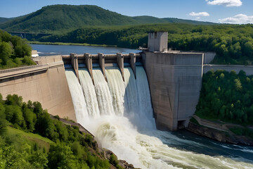 Majestic Hydroelectric Dam Powering Renewable Energy in Lush Mountain Landscape. Engineering, Technology.