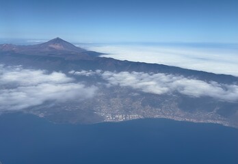 An aerial view of Mount Teide, an active volcano on the island of Tenerife, Canary Islands, Spain. 