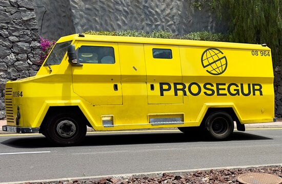 Tenerife, Spain - May 29, 2024: Prosegur armoured security van used for transporting cash on the island of Tenerife, Spain. 