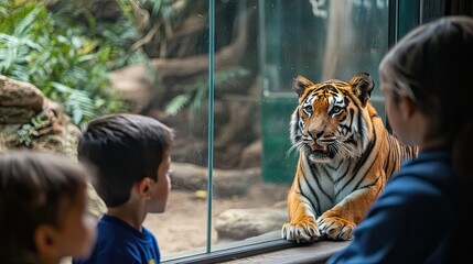 Tiger Looking at Visitors Through a Window at a Zoo