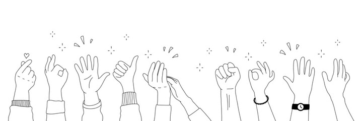 Applause hands set on doodle style. Human hands sketch, scribble arms wave clapping on white background, thumb up gesture silhouette, vector illustration