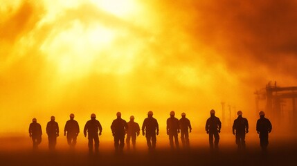 Fototapeta premium Silhouettes of Firefighters Battling Intense Blaze