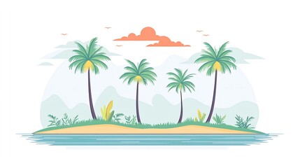 Fototapeta premium A simple, cartoon style illustration of a tropical island with palm trees, a sandy beach and blue water, with a pink sunset in the background.