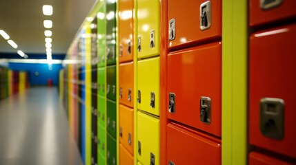 Vibrant Locker Rows Illuminating a Lively School Corridor