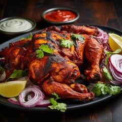 Grilled chicken, lemon, onion, cilantro on plate ideal for food blogs, restaurant menus, cooking magazines, recipe cards, and social media posts. Generative AI