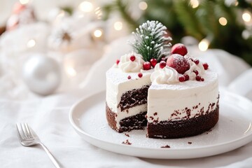 perfect Christmas cake, modern minimal plate, on a white background, decorated for the Christmas holidays in the background, light garland; 