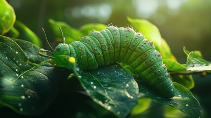 Obraz premium Vibrant Green Caterpillar Close-Up: A Stunning Poster for Nature Lovers, Perfect for Home Decor or Inspiring Sports Interiors with its Intricate Textures and Soft Afternoon Light.