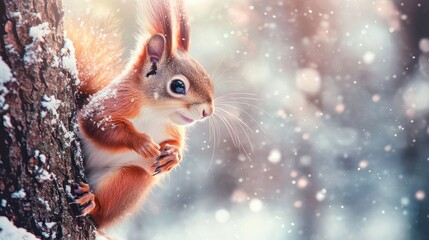 Amazing card with funny fluffy squirrel on a tree on a beautiful magical background.The face of a squirrel with tufted ears and black eyes close-up. Wild animals in winter or springtime in forest