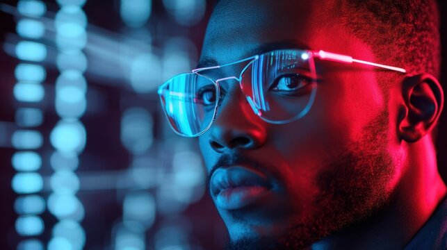 artificial intelligence cyber security threat illustration concept AI banner. Black african american male IT specialist analysing data information technology privacy leaks AR artificial intelligence