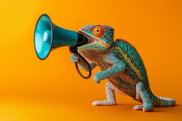 Chameleon is holding a microphone and making a loud noise. Creative announcement concept. A vibrant chameleon appears to be shouting into a megaphone against a solid orange background