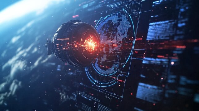 Futuristic Space Station Hologram with Technological Interfaces