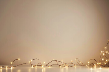 Yellow New Year's garlands against a plain wall background. Beautiful stylish minimalistic background for Christmas greetings and invitations