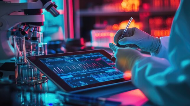 Scientist Analyzing Data on Tablet in Lab