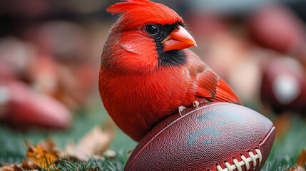 Majestic male northern cardinal is perched on a football on a bed of green grass and fallen leaves
