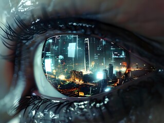 Bionic Eye Reflecting a Futuristic Cityscape with Data Readouts