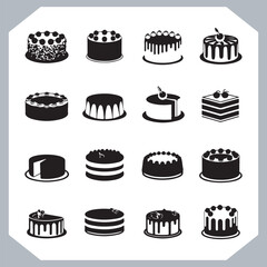 Set of cake silhouette, symbol of the cake holiday, birthday, anniversary, wedding, festive, Birthday cake icons set silhouette vector in white background