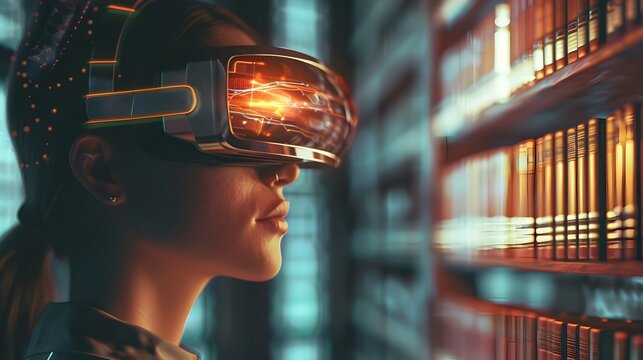 Futuristic Librarian with Bionic Eye Scanning Advanced Digital Archives