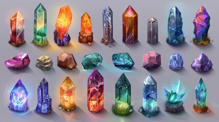 3d game asset, a set of colorful magic crystals and gems.