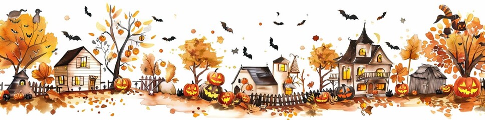 Halloween pumpkins and old houses on a white background