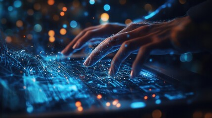 Close-up of a software engineer's hands working on a laptop with a digital overlay of global connections and binary code, showcasing the integration of advanced technology in IT support