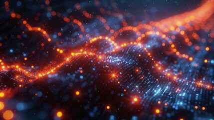 Fototapeta premium An expansive network of interconnected nodes and lines representing cryptographic blockchain technology, illuminated with vibrant points of light.