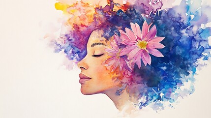Watercolor Painting of a Woman with Flowers in Her Hair.