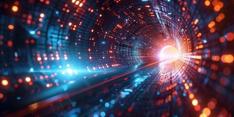 A visual representation of a futuristic cyber tunnel with digital data speeding towards a bright light at the end.