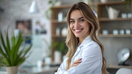 Obraz premium Portrait of happy young smiling woman cosmetologist or beautician doctor sitting at desk in beauty spa salon office on her workplace and looking cheerful at camera. Cosmetology