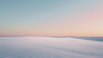 a serene and surreal landscape where the sky meets a vast pink salt flat bordered by gentle slopes. The scene is bathed in a soft dawn light, creating a tranquil glow. The pastel colors and minimalist