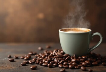 Espresso coffee cup with coffee beans Coffee pause. with copy space image. Place for adding text or design