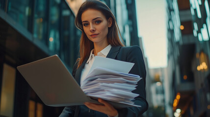 Fototapeta premium Corporate Woman in Modern Business Outfit Holding a Document..