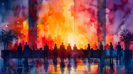 Fototapeta premium Silhouetted professionals in a contemporary office setting at twilight