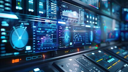 Fototapeta premium Futuristic Smart Grid Monitoring and Control Console Displaying Power Plant Data and Analytics