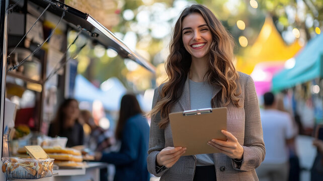 Corporate Woman Managing Food Truck at Street Fair..