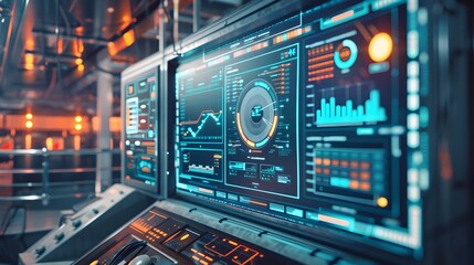 Obraz premium Smart Grid Monitoring and Control Console Displaying Futuristic Power Plant Management Concept