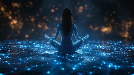 Obraz premium A serene woman meditates, her form harmonizing with the digital network around her under a twilight ambiance.